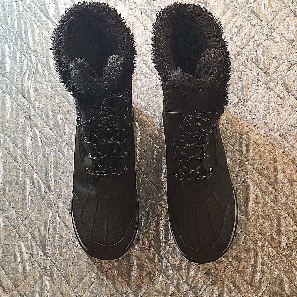 Lands End Womens 473076 Avalanche Snow Boot Black Suede Lace Up Faux Fur Trim 11 - Picture 3 of 12